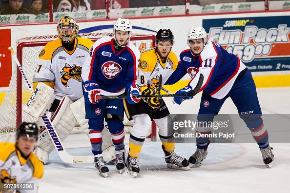 Defenceman Josh Jacobs of the Sarnia Sting defends the front of the