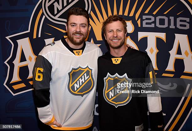 Musicians Chris Young and Dierks Bentley attend The 2016 NHL All-Star Game on January 31, 2016 in Nashville, Tennessee.