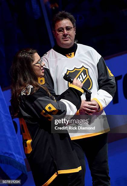 Corrina Grant Gill and Vince Gill perform The Star-Spangled Banner during The 2016 NHL All-Star Game on January 31, 2016 in Nashville, Tennessee.