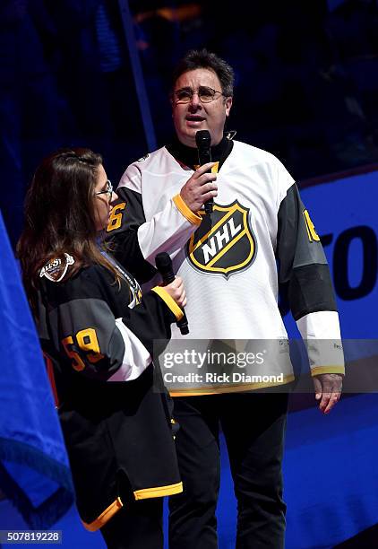 Corrina Grant Gill and Vince Gill perform The Star-Spangled Banner during The 2016 NHL All-Star Game on January 31, 2016 in Nashville, Tennessee.