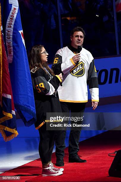 Corrina Grant Gill and Vince Gill perform The Star-Spangled Banner during The 2016 NHL All-Star Game on January 31, 2016 in Nashville, Tennessee.