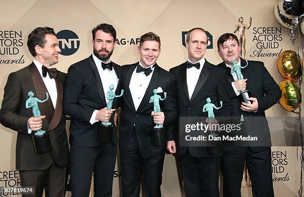 Actors Julian Ovenden, Tom Cullen, Allen Leech, Kevin Doyle, and Jeremy Swift, winners of the Outstanding Performance by an Ensemble in a Drama...