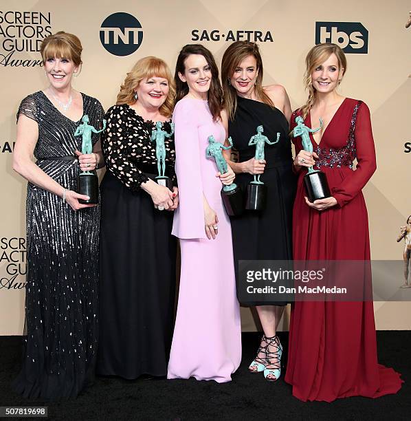 Actresses Phyllis Logan, Lesley Nicol, Sophie McShera, Joanne Froggatt, and Raquel Cassidy, winners of Outstanding Performance by an Ensemble in a...