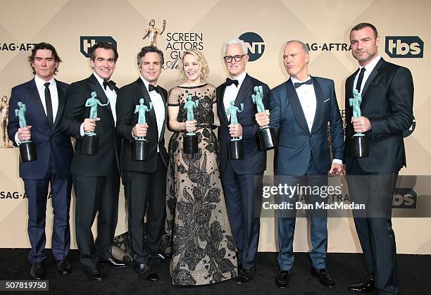 Actors Billy Crudup, Brian d'Arcy James, Mark Ruffalo, Rachel McAdams, John Slattery, Michael Keaton, and Liev Schreiber, winners for Outstanding...