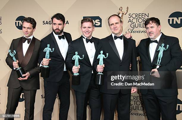 Actors Julian Ovenden, Tom Cullen, Allen Leech, Kevin Doyle, and Jeremy Swift, winners of the Outstanding Performance by an Ensemble in a Drama...