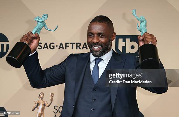 Actor Idris Elba, winner of Outstanding Performance by a Male Actor in a Supporting Role for 'Beasts of No Nation,' and Outstanding Performance by a...