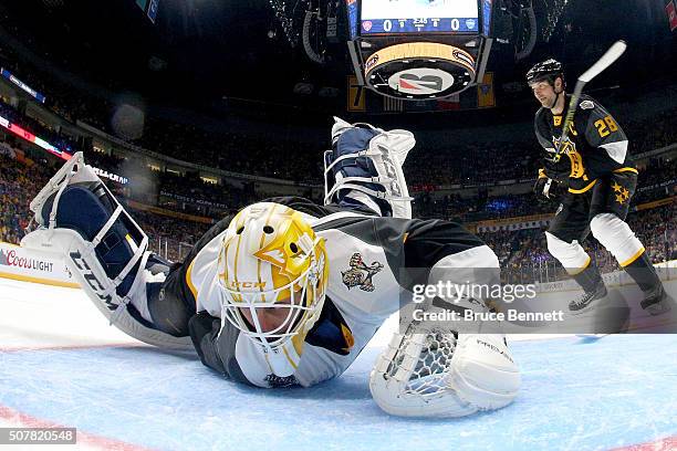 Roberto Luongo of the Florida Panthers makes a save during the 2016 Honda NHL All-Star Final Game between the Eastern Conference and the Western...