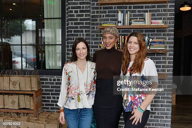 Tal Rabinowitz, Jameca Lyttle and Amanda Simmons attend the DEN Meditation Studio grand opening on January 31, 2016 in Los Angeles, California.