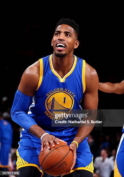 Jason Thompson of the Golden State Warriors prepares to shoot a free throw against the New York Knicks on January 31, 2016 at Madison Square Garden...