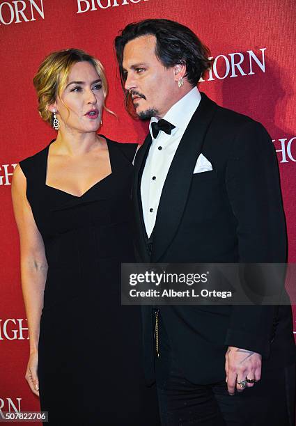 Actress Kate Winslet and actor Johnny Depp arrive for the 27th Annual Palm Springs International Film Festival Awards Gala held at Palm Springs...