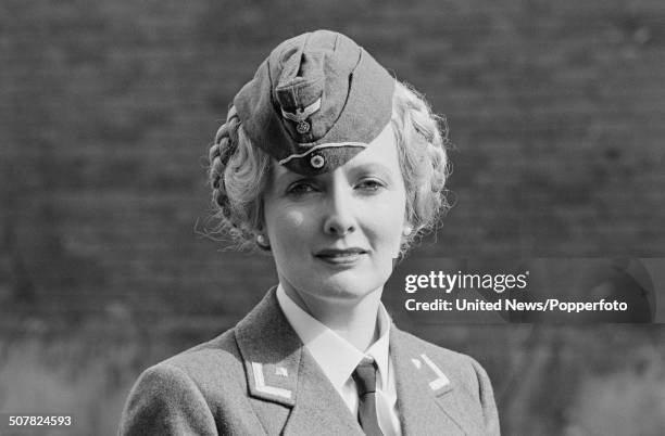 English actress Kim Hartman in character as Private Helga Geerhart from the television sitcom series 'Allo 'Allo! on location in Mundford, Norfolk on...