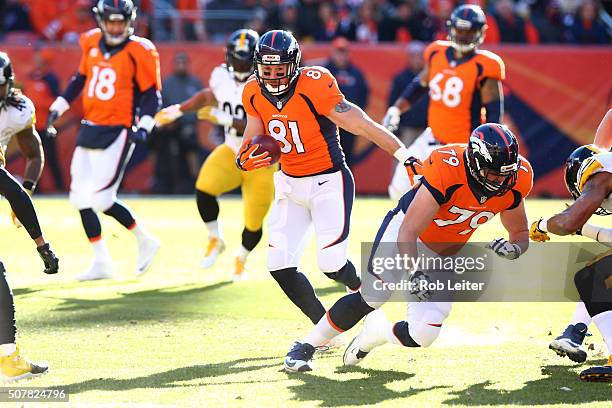 Owen Daniels of the Denver Broncos in action during the game against the Pittsburgh Steelers at Sports Authority Field At Mile High on January 17,...