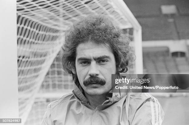 Brazilian footballer Roberto Rivellino posed by the goal of Wembley football stadium in London on 18th April 1978.