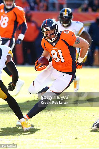 Owen Daniels of the Denver Broncos in action during the game against the Pittsburgh Steelers at Sports Authority Field At Mile High on January 17,...