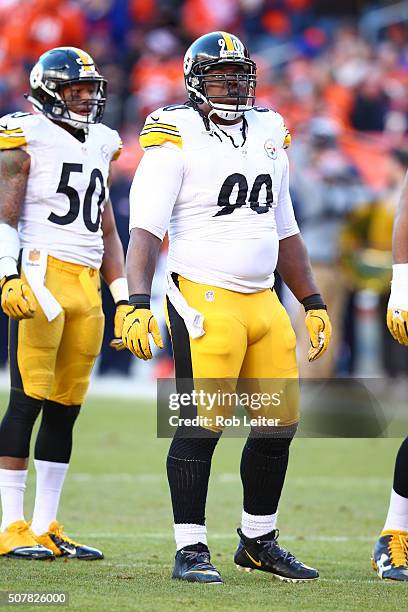 Steve McClendon of the Pittsburgh Steelers looks on during the game against the Denver Broncos at Sports Authority Field At Mile High on January 17,...