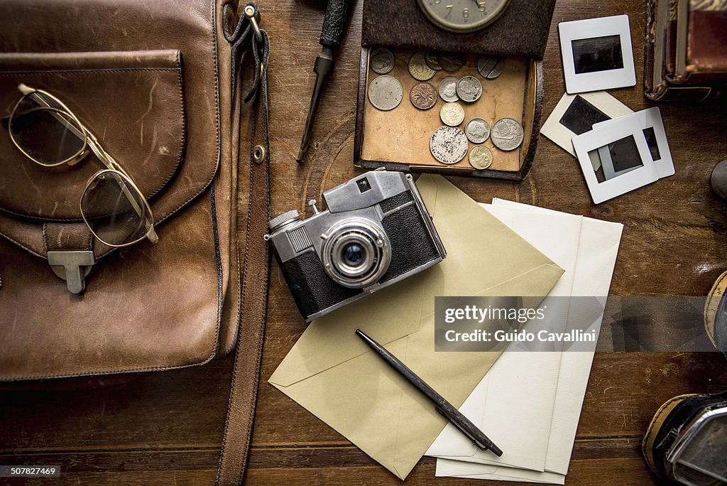 Still life of group of vintage objects on table