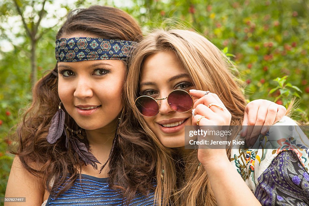 Two hippy girls looking at camera