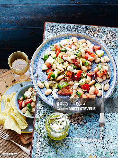 bean, tomato and goats cheese salad - mediterranean food stock pictures, royalty-free photos & images