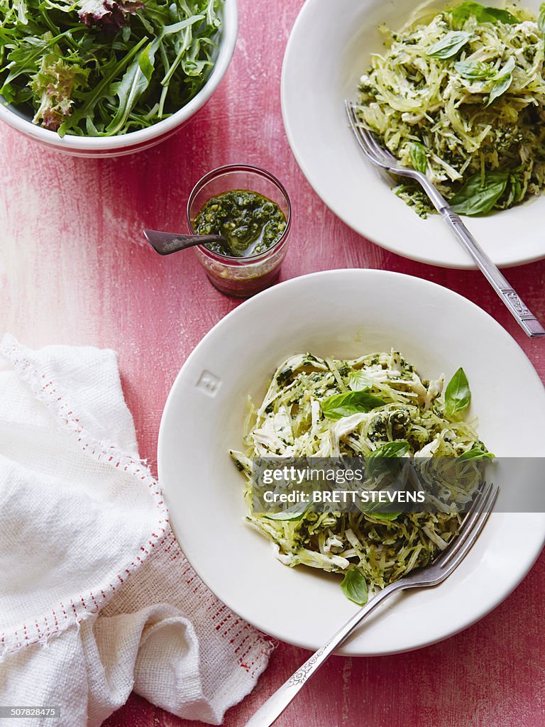 Spaghetti, pumpkin and chicken with pesto