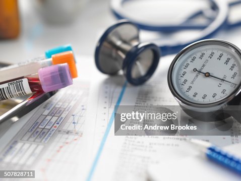 Testing Doctors Check Doctors Desk With Patients Test Results Samples Stethoscope And Blood ...