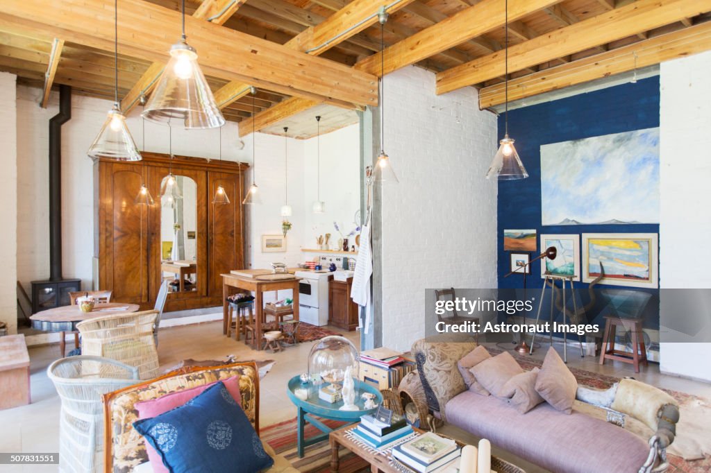 Living room and kitchen of rustic house