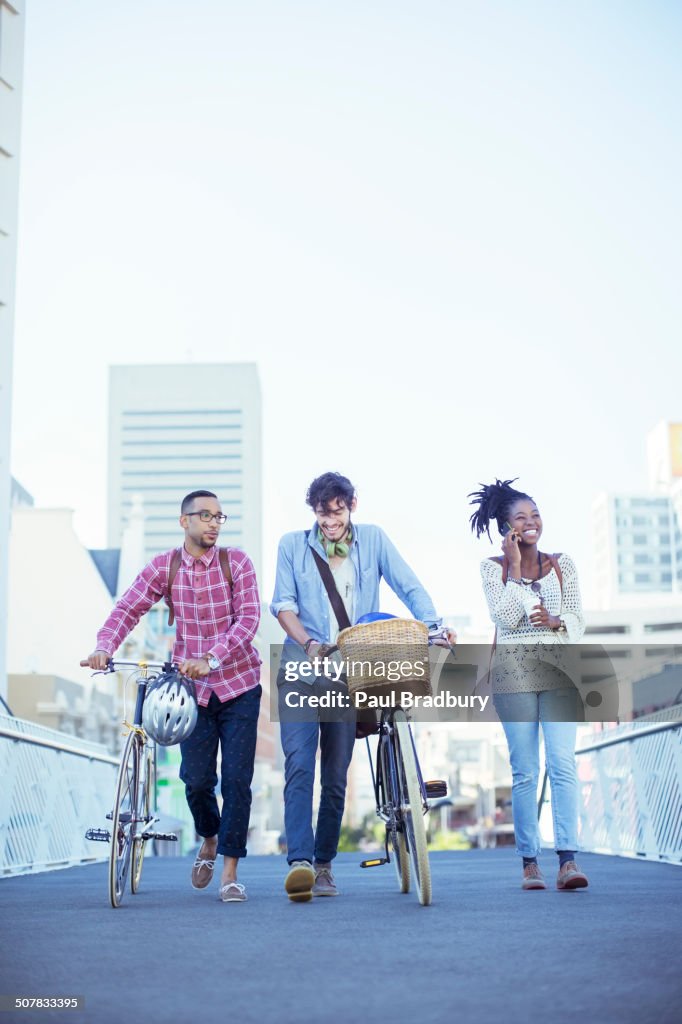 Friends walking on city street