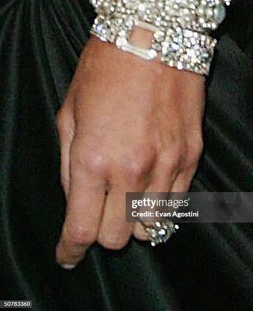 Closeup view is seen of the engagement ring that Donald Trump gave to girlfriend Melania Knauss at the "Dangerous Liaisons: Fashion and Furniture in...