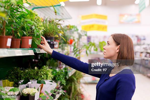 mujer compra una tienda de flores - discount store fotografías e imágenes de stock