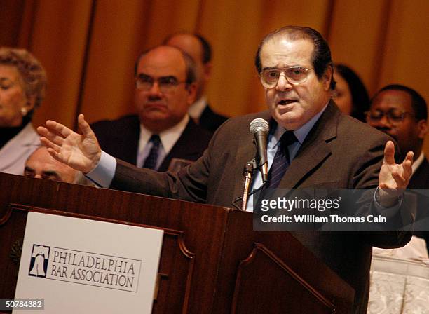 Supreme Court Associate Justice Antonin Scalia addresses the Philadelphia Bar Association during a luncheon April 29, 2004 in Philadelphia,...