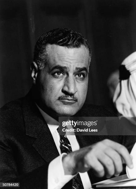 Portrait of the second president of Egypt, Gamal Abdel Nasser at the Arab Summit Conference, Cairo, circa 1964.