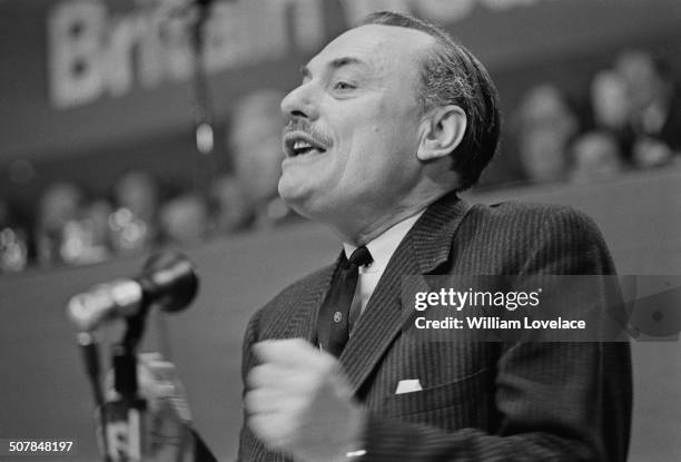 Conservative Party politician Enoch Powell speaks at the Conservative Party Conference in Brighton, 9th October 1969.