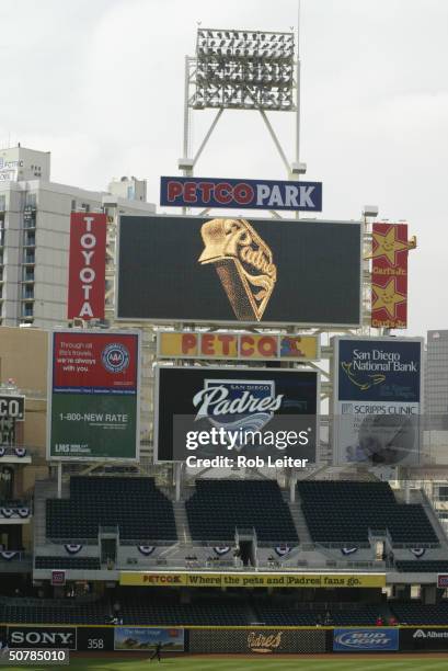 General view of PETCO Park scoreboard before the home opener between the San Diego Padres and the San Francisco Giants on April 8, 2004 in San Diego,...