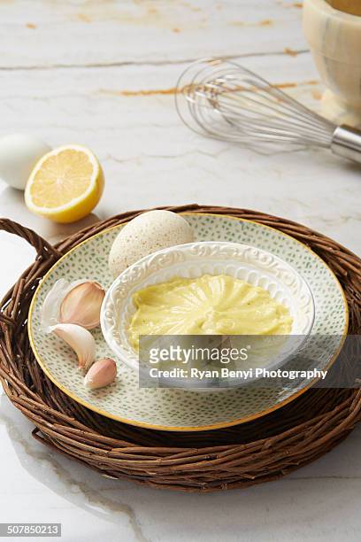 classic aioli with lemon, fresh garlic and eggs - aioli stock-fotos und bilder