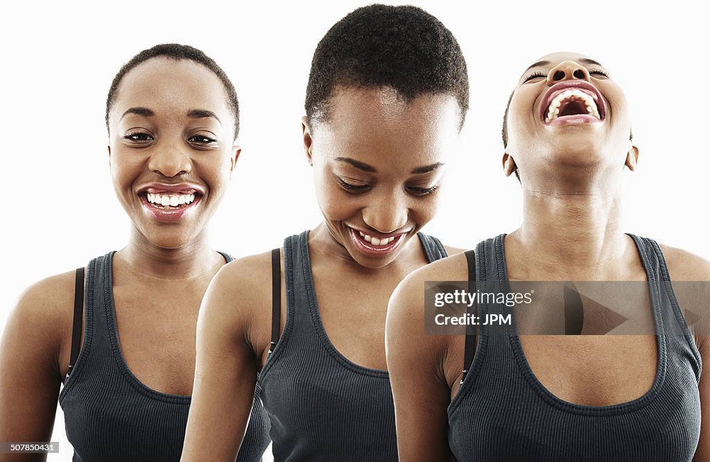 Three time multi exposure of young woman smiling and laughing