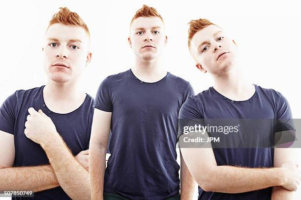 three time multi exposure of young man staring - pompadour stock pictures, royalty-free photos & images