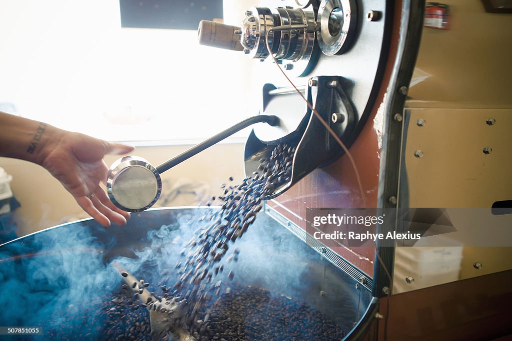 Female hand using industrial coffee roasting machine in cafe