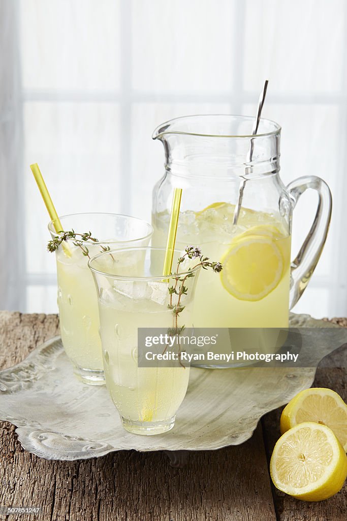 Sparkling thyme lemonade, with fresh lemon, thyme infused syrup and sparkling water