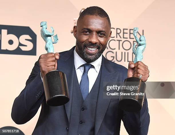 Idris Elba poses at the 22nd Annual Screen Actors Guild Awards at The Shrine Auditorium on January 30, 2016 in Los Angeles, California.