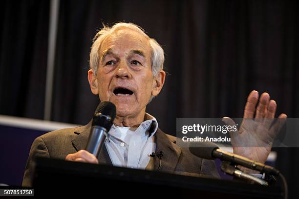 Former Senator Ron Paul speaks during a campaign rally for his son Republican Presidential Candidate Senator Rand Paul at the University of Iowa in...
