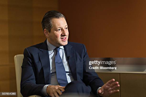 Boris Collardi, chief executive officer of Julius Baer Group Ltd., gestures as he speaks during a Bloomberg Television interview in Zurich,...