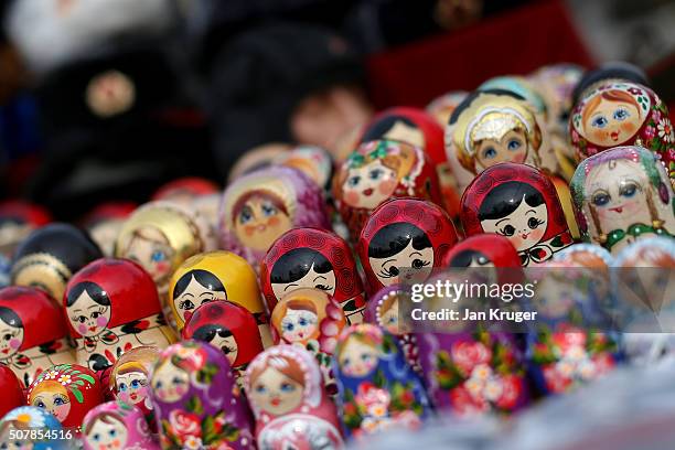Matryoshka dolls on sale in a flea market on January 31, 2016 in Sofia, Bulgaria.