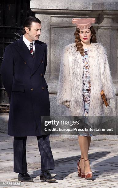 Blanca Suarez and Javier Rey are seen during the filming of 'Lo Que Escondian Sus Ojos' Tv serie on January 29, 2016 in Madrid, Spain.