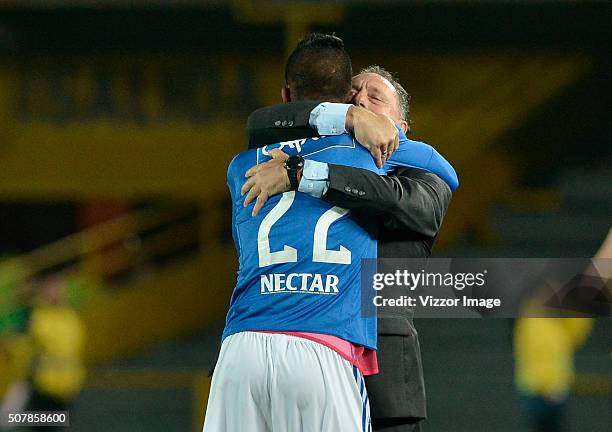 Ruben Israel coach of Millonarios hugs Yulian Mejia after he scored during a match between Millonarios and Patriotas FC as part of Liga Aguila I 2016...