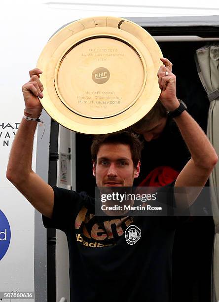 Goaltender Carsten Lichtlein of Germany arrives with the team charter at Tegel Airport on February 1, 2016 in Berlin, Germany.