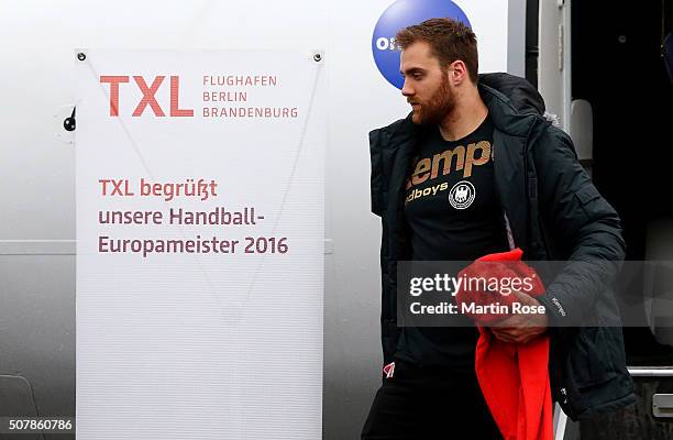 Goaltender Andreas Wolff of Germany arrives with the team charter at Tegel Airport on February 1, 2016 in Berlin, Germany.