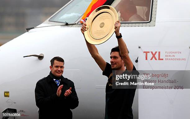 Goaltender Carsten Lichtlein of Germany arrives with the team charter at Tegel Airport on February 1, 2016 in Berlin, Germany.