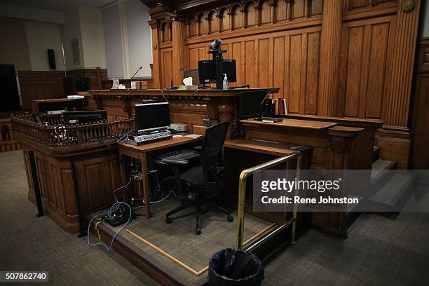 Witness stand and judges bench detail shot. Inside Courtroom 125 at Old City Hall. This is the courtroom where Jian Ghomeshi will be held.