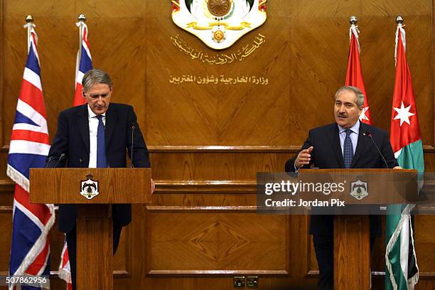 British Foreign Secretary Philip Hammond speaks during a joint press conference with his Jordanian counterpart Nasser Judeh on February 1, 2016 in...