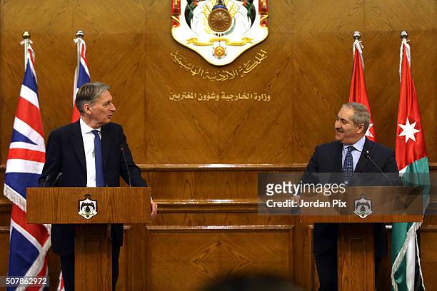 British Foreign Secretary Philip Hammond speaks during a joint press conference with his Jordanian counterpart Nasser Judeh on February 1, 2016 in...
