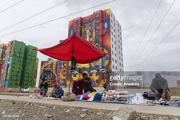 View of the murals painted by Roberto Mamani Mamani on a goverment´s social housing project called "urbanizacion Whipala", in El Alto, Bolivia on...